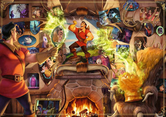 A vibrant jigsaw puzzle featuring Gaston from Disney's Beauty and the Beast. Gaston stands confidently in the center, with a mirror in one hand reflecting his image. The background showcases a cozy room adorned with images of various Disney villains, antlers, and a roaring fireplace that adds warmth to the scene. The puzzle captures Gaston’s character and charm with green magical energy swirling around him.