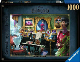 Disney Villainous jigsaw puzzle featuring Lady Tremaine surrounded by elegant decorations and portraits. The scene shows Lady Tremaine in a regal outfit, playing piano while surrounded by enchanting details, capturing the essence of the character from Disney's Cinderella. This 1000-piece jigsaw puzzle by Ravensburger offers a captivating challenge for fans.