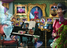 Disney Villainous: Lady Tremaine jigsaw puzzle showcasing an intricately detailed illustration featuring Lady Tremaine in an opulent room filled with framed portraits of Cinderella and other characters. The scene includes a grand piano with music sheets, decorative elements, and a magical ambiance with a glowing heart-shaped item, highlighting the villain's character and storyline.