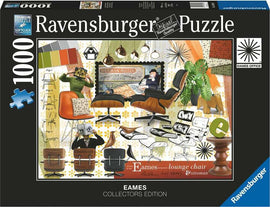 Ravensburger Eames Classic Designs jigsaw puzzle featuring iconic furniture such as the Eames lounge chair and various design elements in a colorful layout. The box showcases images of the puzzle pieces, including a quirky character holding a chair and other stylish furniture, celebrating the legacy of Eames design. Perfect for design enthusiasts and puzzle lovers alike.