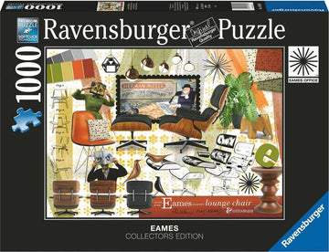 Ravensburger Eames Classic Designs jigsaw puzzle featuring iconic furniture such as the Eames lounge chair and various design elements in a colorful layout. The box showcases images of the puzzle pieces, including a quirky character holding a chair and other stylish furniture, celebrating the legacy of Eames design. Perfect for design enthusiasts and puzzle lovers alike.