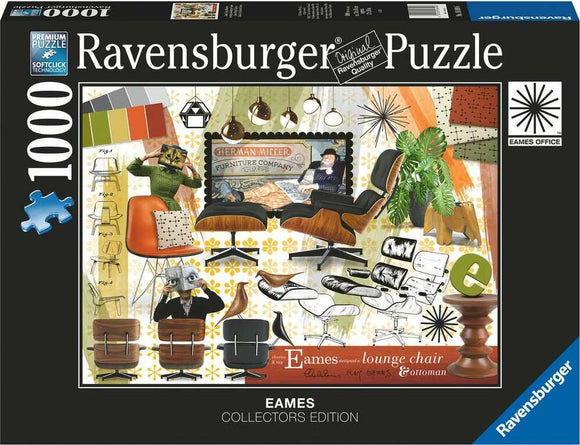 Ravensburger Eames Classic Designs jigsaw puzzle featuring iconic furniture such as the Eames lounge chair and various design elements in a colorful layout. The box showcases images of the puzzle pieces, including a quirky character holding a chair and other stylish furniture, celebrating the legacy of Eames design. Perfect for design enthusiasts and puzzle lovers alike.