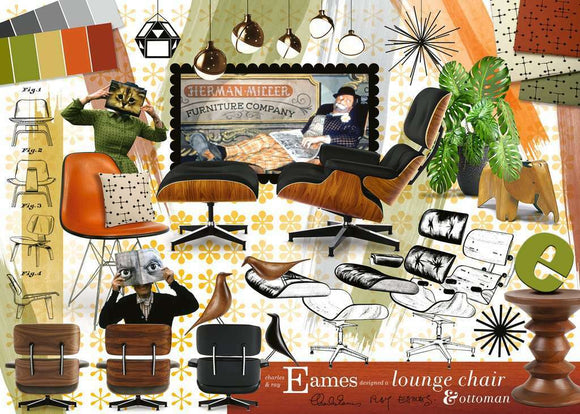A vibrant collage showcasing Eames classic designs, featuring iconic lounge chairs and ottomans with detailed illustrations. The image includes sketches and various color palettes, embodying mid-century modern aesthetics. Depictions of the furniture are interspersed with playful graphics, offering a creative blend of art and design for puzzle enthusiasts.