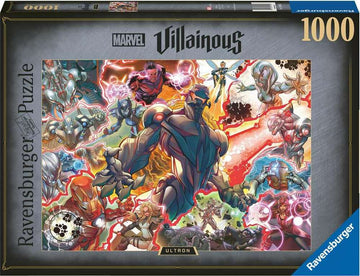 Marvel Villainous: Ultron jigsaw puzzle featuring dynamic artwork of Ultron and various Marvel superheroes and villains in an action-packed scene. The puzzle contains 1000 pieces, perfect for fans of Marvel and puzzle enthusiasts alike.