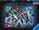 Marvel Villainous: Taskmaster jigsaw puzzle by Ravensburger. The illustration features Taskmaster surrounded by various Marvel superheroes and villains in dynamic action poses. Includes a total of 1000 pieces, showcasing vibrant colors and detailed artwork.