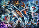 Marvel Villainous: Taskmaster jigsaw puzzle by Ravensburger, featuring iconic Marvel villains and heroes in an action-packed collage. The design showcases Taskmaster at the center, surrounded by various characters like Deadpool, Captain America, and more, all with vibrant colors and dynamic poses, set against a shattered glass background.