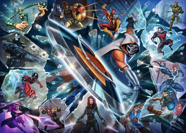 Marvel Villainous: Taskmaster jigsaw puzzle by Ravensburger, featuring iconic Marvel villains and heroes in an action-packed collage. The design showcases Taskmaster at the center, surrounded by various characters like Deadpool, Captain America, and more, all with vibrant colors and dynamic poses, set against a shattered glass background.