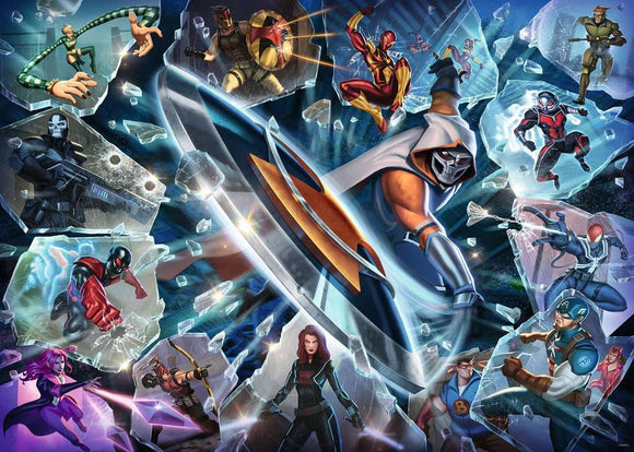 Marvel Villainous: Taskmaster jigsaw puzzle by Ravensburger, featuring iconic Marvel villains and heroes in an action-packed collage. The design showcases Taskmaster at the center, surrounded by various characters like Deadpool, Captain America, and more, all with vibrant colors and dynamic poses, set against a shattered glass background.