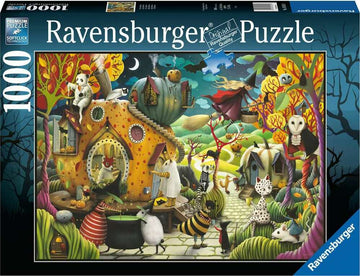 A colorful jigsaw puzzle box featuring a whimsical Halloween scene with playful animals and Halloween motifs. The illustration includes pumpkins, witches, and a cozy village setting, inviting puzzle enthusiasts to engage with 1000 high-quality pieces.