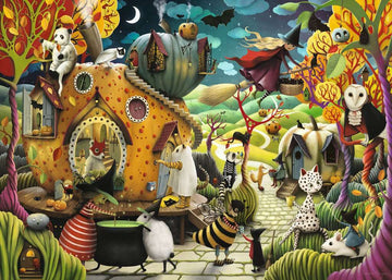 A whimsical jigsaw puzzle titled 'Happy Halloween' by Ravensburger, featuring a colorful, enchanting Halloween scene. The illustration depicts a vibrant village with cute animals dressed in costumes, a witch on a broomstick, and unique pumpkin-shaped houses set against a starry night sky. Trees with autumn leaves and playful decorations enhance the festive atmosphere.