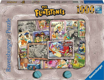 The Flintstones jigsaw puzzle by Ravensburger featuring colorful illustrations of characters from the animated series. The image displays a collage layout with Fred, Wilma, Barney, and Betty in various fun scenes, showcasing the vibrant, cartoonish style. The packaging emphasizes it's a 1000-piece puzzle, designed to entertain and challenge puzzle enthusiasts.
