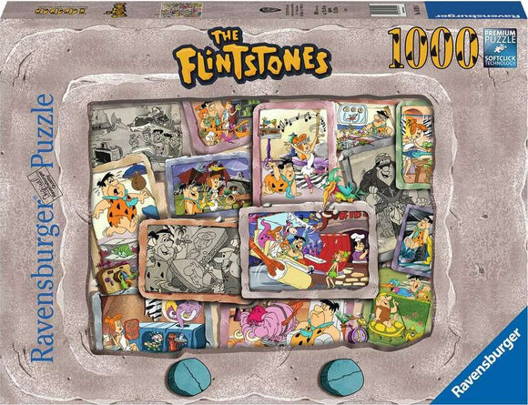 The Flintstones jigsaw puzzle by Ravensburger featuring colorful illustrations of characters from the animated series. The image displays a collage layout with Fred, Wilma, Barney, and Betty in various fun scenes, showcasing the vibrant, cartoonish style. The packaging emphasizes it's a 1000-piece puzzle, designed to entertain and challenge puzzle enthusiasts.