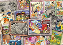 The Flintstones jigsaw puzzle featuring colorful scenes from the animated series, showcasing characters like Fred Flintstone, Wilma, Barney, and Betty engaged in various lively activities. The puzzle pieces display a mix of comedic moments and iconic settings from the show, inviting fans to relive their favorite moments as they assemble the vibrant images.