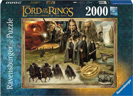 Ravensburger Lord of the Rings - Fellowship jigsaw puzzle featuring iconic scenes and characters from the movie. The box contains a stunning 2000-piece illustration, showcasing favorites like Frodo, Aragorn, and others in a richly detailed design, emphasizing the epic journey and fantasy elements.