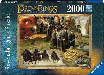 Ravensburger Lord of the Rings - Fellowship jigsaw puzzle featuring iconic scenes and characters from the movie. The box contains a stunning 2000-piece illustration, showcasing favorites like Frodo, Aragorn, and others in a richly detailed design, emphasizing the epic journey and fantasy elements.