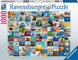 Ravensburger 99 Seaside Moments 1000-piece jigsaw puzzle featuring a vibrant collage of seaside imagery, including beaches, seashells, and tropical landscapes, showcasing soothing blues and warm tones, perfect for relaxation and family fun.