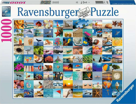 Ravensburger 99 Seaside Moments 1000-piece jigsaw puzzle featuring a vibrant collage of seaside imagery, including beaches, seashells, and tropical landscapes, showcasing soothing blues and warm tones, perfect for relaxation and family fun.