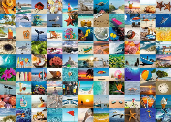 A vibrant jigsaw puzzle featuring 1000 pieces, showcasing 99 seaside moments with colorful images of beach activities, marine life, and tropical scenery. The puzzle includes illustrations of dolphins, starfish, seashells, beach umbrellas, and cocktails set against stunning ocean backgrounds, perfect for beach lovers and puzzle enthusiasts.