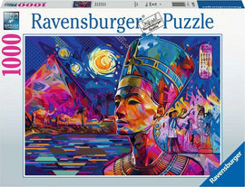 A vibrant jigsaw puzzle titled 'Nefertiti on the Nile' by Ravensburger, featuring a colorful depiction of Queen Nefertiti against a backdrop of Egyptian pyramids and camels. The artwork showcases a mix of bold colors and intricate patterns, emphasizing the rich history and culture of ancient Egypt, designed for puzzle enthusiasts.