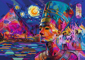 Nefertiti on the Nile jigsaw puzzle by Ravensburger featuring a vibrant, colorful depiction of Nefertiti against the backdrop of the Nile, pyramids, and camels, capturing ancient Egyptian culture in a stunning artistic style.
