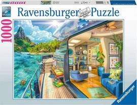 Ravensburger Tropical Island Charter jigsaw puzzle featuring a vibrant scene of a tropical paradise viewed from a luxury boat. The image showcases dolphins swimming in the turquoise water, lush green palm trees, and a beautifully designed interior with beach-themed decor. Ideal for puzzle lovers with 1000 pieces to assemble.