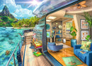 A vibrant jigsaw puzzle showcasing a tropical island scene with a luxurious yacht. The interior features stylish furnishings in a bright room with ocean views, tropical plants, and a stunning backdrop of mountains and palm trees. Dolphins swim nearby, creating a serene atmosphere. Perfect for puzzle lovers who enjoy beautiful, detailed imagery.