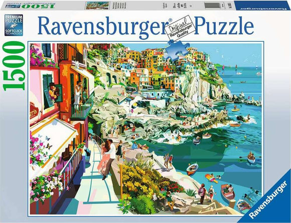 Ravensburger jigsaw puzzle titled 'Romance in Cinque Terre', featuring a vibrant seaside scene with colorful houses, boats in the water, and people strolling along the coast. The puzzle contains 1500 pieces and showcases the charm of Cinque Terre.