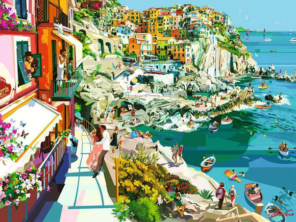 A vibrant jigsaw puzzle illustration depicting the picturesque Cinque Terre, showcasing colorful buildings along the coastline, a couple dancing, and people enjoying the beach with boats in the turquoise water. Flowers adorn the balconies, creating a romantic atmosphere.