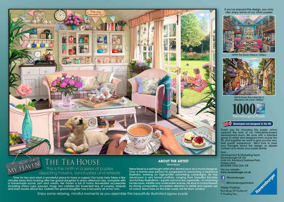 A beautifully illustrated jigsaw puzzle titled 'The Tea Shed' by Ravensburger. The image depicts a cozy tea house interior adorned with floral arrangements, colorful teapots, and comfortable seating. A person is enjoying tea with a dog at their feet, reflecting a warm and inviting atmosphere. Sunlight filters through large windows, illuminating the details of this serene setting, making it a perfect retreat for relaxation.