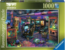 The jigsaw puzzle, Forgotten Arcade by Ravensburger, features a vibrant and colorful depiction of an abandoned arcade. The scene includes vintage arcade machines, a disco ball hanging from the ceiling, and plush toys scattered throughout the room. The floor is covered in a bright, patterned carpet, complementing the nostalgic and whimsical atmosphere of the abandoned gaming space. This 1000-piece puzzle invites players to piece together a nostalgic trip down memory lane.