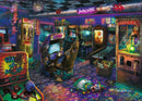 A vibrant and nostalgic jigsaw puzzle depicting a retro arcade filled with colorful, vintage game machines, plush toys, and a disco ball. The scene is illuminated with neon colors and features classic games like "Whack a Mole." The floor is scattered with coins and toys, creating a lively and fun atmosphere reminiscent of childhood adventures.