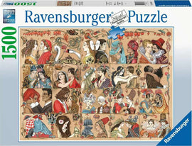 The 'Love Through the Ages' jigsaw puzzle by Ravensburger features 1500 pieces showcasing a collage of romantic and historic love scenes throughout different eras. Each section of the puzzle displays diverse couples in various styles, capturing the essence of love across time with intricate illustrations and rich colors.