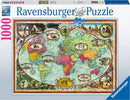 A Ravensburger jigsaw puzzle titled 'Bicycle Ride Around the World' featuring a colorful vintage-style world map. The map showcases various bicycle routes and historical figures associated with cycling in different regions, illustrated with small circular portraits and decorative elements around the edges, emphasizing a blend of travel and adventure.
