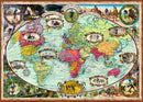 A colorful jigsaw puzzle depicting a vintage world map illustrating the bicycle journey of Thomas Stevens around the globe. The map features various scenes of cycling, landscapes, and iconic landmarks, with detailed illustrations in vibrant colors and bordered decorations.