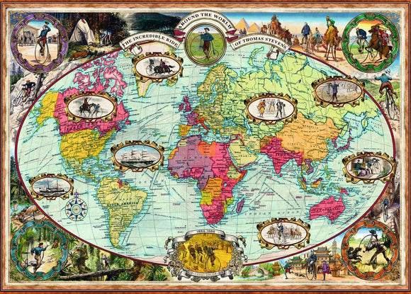 A colorful jigsaw puzzle depicting a vintage world map illustrating the bicycle journey of Thomas Stevens around the globe. The map features various scenes of cycling, landscapes, and iconic landmarks, with detailed illustrations in vibrant colors and bordered decorations.