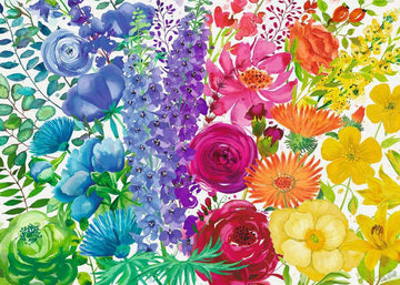 A vibrant jigsaw puzzle image featuring a lush arrangement of various flowers, including red, pink, blue, and yellow blooms, set against a white background. The artwork displays intricate details and a colorful mix of floral designs, suitable for enthusiasts and casual puzzlers alike.