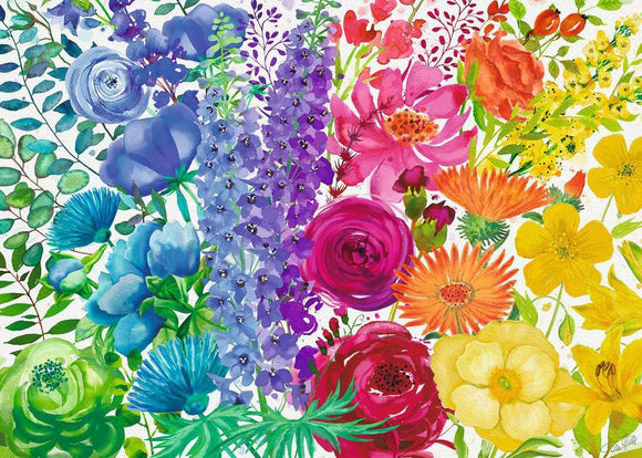 A vibrant jigsaw puzzle image featuring a lush arrangement of various flowers, including red, pink, blue, and yellow blooms, set against a white background. The artwork displays intricate details and a colorful mix of floral designs, suitable for enthusiasts and casual puzzlers alike.