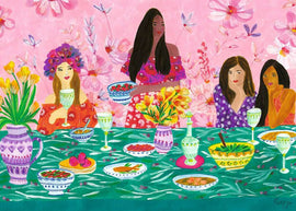 A vibrant jigsaw puzzle illustration entitled 'Ladies' Brunch' by Ravensburger. The scene features four women enjoying brunch at a beautifully arranged table filled with colorful dishes and drinks. In the background, pink flowers and greenery create a lively atmosphere, enhancing the joyful brunch theme.