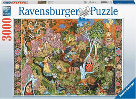 A vibrant Ravensburger jigsaw puzzle featuring an intricate illustration of a magical garden scene. The design showcases various characters and animals amongst lush vegetation, flowers, and trees, all in rich colors. Ideal for puzzle enthusiasts looking for a challenging 3000-piece puzzle experience.