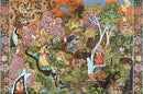 A vibrant jigsaw puzzle titled 'Garden of Sun Signs' by Ravensburger, depicting a whimsical garden scene filled with colorful characters, flora, and fauna. The illustration includes delightful elements such as flowing water, playful children, and mystical creatures, all set against a rich, orange background adorned with various plants.