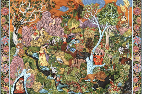 A vibrant jigsaw puzzle titled 'Garden of Sun Signs' by Ravensburger, depicting a whimsical garden scene filled with colorful characters, flora, and fauna. The illustration includes delightful elements such as flowing water, playful children, and mystical creatures, all set against a rich, orange background adorned with various plants.