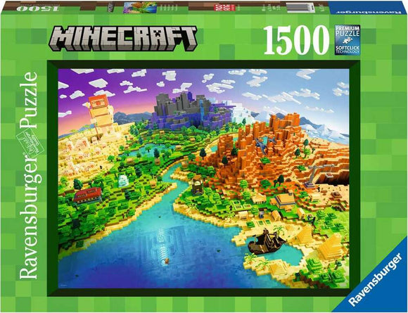 Colorful 1500-piece jigsaw puzzle featuring a vibrant Minecraft landscape. The scene includes various biomes like mountains, forests, and rivers, showcasing iconic Minecraft elements such as villages and terrains, all designed in the signature blocky style of the game. Perfect for puzzle enthusiasts and Minecraft fans alike, this Ravensburger puzzle combines fun and creativity.