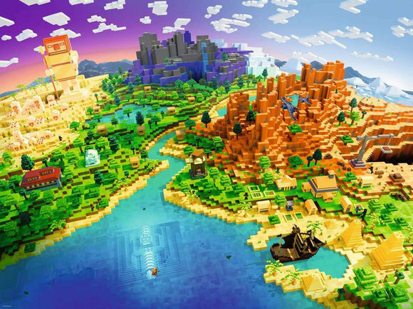 A vibrant jigsaw puzzle depicting a scenic Minecraft landscape featuring various terrains such as forests, mountains, rivers, and a desert. The puzzle showcases iconic Minecraft elements like structures, animals, and a colorful sky with clouds, inviting players into the blocky world of creativity.