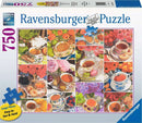 A colorful Ravensburger jigsaw puzzle titled 'Teatime,' featuring 750 large pieces. The image showcases a delightful assortment of teacups, tea, fruits, pastries, and vibrant flowers, beautifully arranged across a grid. The puzzle pieces are designed for easy handling and clarity, ideal for puzzle enthusiasts.
