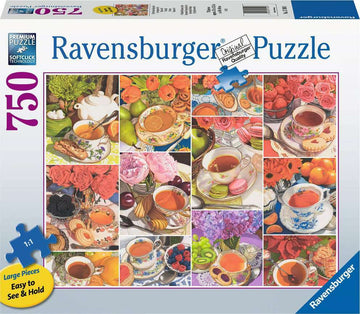 A colorful Ravensburger jigsaw puzzle titled 'Teatime,' featuring 750 large pieces. The image showcases a delightful assortment of teacups, tea, fruits, pastries, and vibrant flowers, beautifully arranged across a grid. The puzzle pieces are designed for easy handling and clarity, ideal for puzzle enthusiasts.