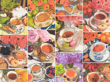 A beautifully arranged jigsaw puzzle titled Teatime by Ravensburger, featuring various cups of tea surrounded by colorful flowers, fruits, and assorted pastries. The scene includes vibrant blooms like tulips and roses, delicate teacups filled with tea, and an array of treats like macarons and cookies, creating a charming and inviting atmosphere.