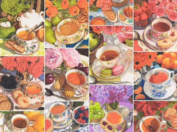 A beautifully arranged jigsaw puzzle titled Teatime by Ravensburger, featuring various cups of tea surrounded by colorful flowers, fruits, and assorted pastries. The scene includes vibrant blooms like tulips and roses, delicate teacups filled with tea, and an array of treats like macarons and cookies, creating a charming and inviting atmosphere.