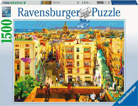 Ravensburger jigsaw puzzle titled 'Dining in Valencia,' featuring a vibrant illustration of a picturesque Valencia street scene with people dining outdoors, colorful buildings, and a sunny sky. The puzzle has 1500 pieces and is designed with premium softclick technology for quality fit.