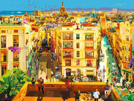 A vibrant jigsaw puzzle depicting a bustling street scene in Valencia, Spain. The image showcases colorful buildings, outdoor cafes, people enjoying their day, and boats in the background against a clear blue sky. The artwork captures the essence of Valencia's lively atmosphere, marked by beautiful architecture and greenery.