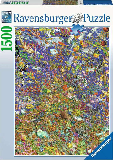 Ravensburger jigsaw puzzle titled 'Shoal', featuring a vibrant underwater scene filled with colorful fish, coral, and marine life. The puzzle contains 1500 pieces and showcases intricate details and a variety of sea creatures in a lively underwater environment.